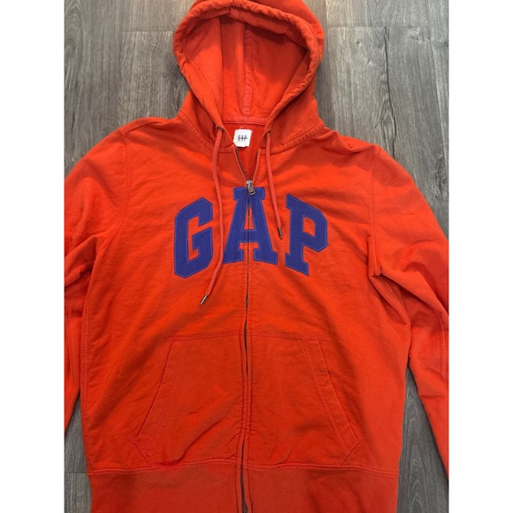 Vintage y2k GAP Mens Full Zip Hoodie Orange Blue Embroidered Logo Fleece Medium